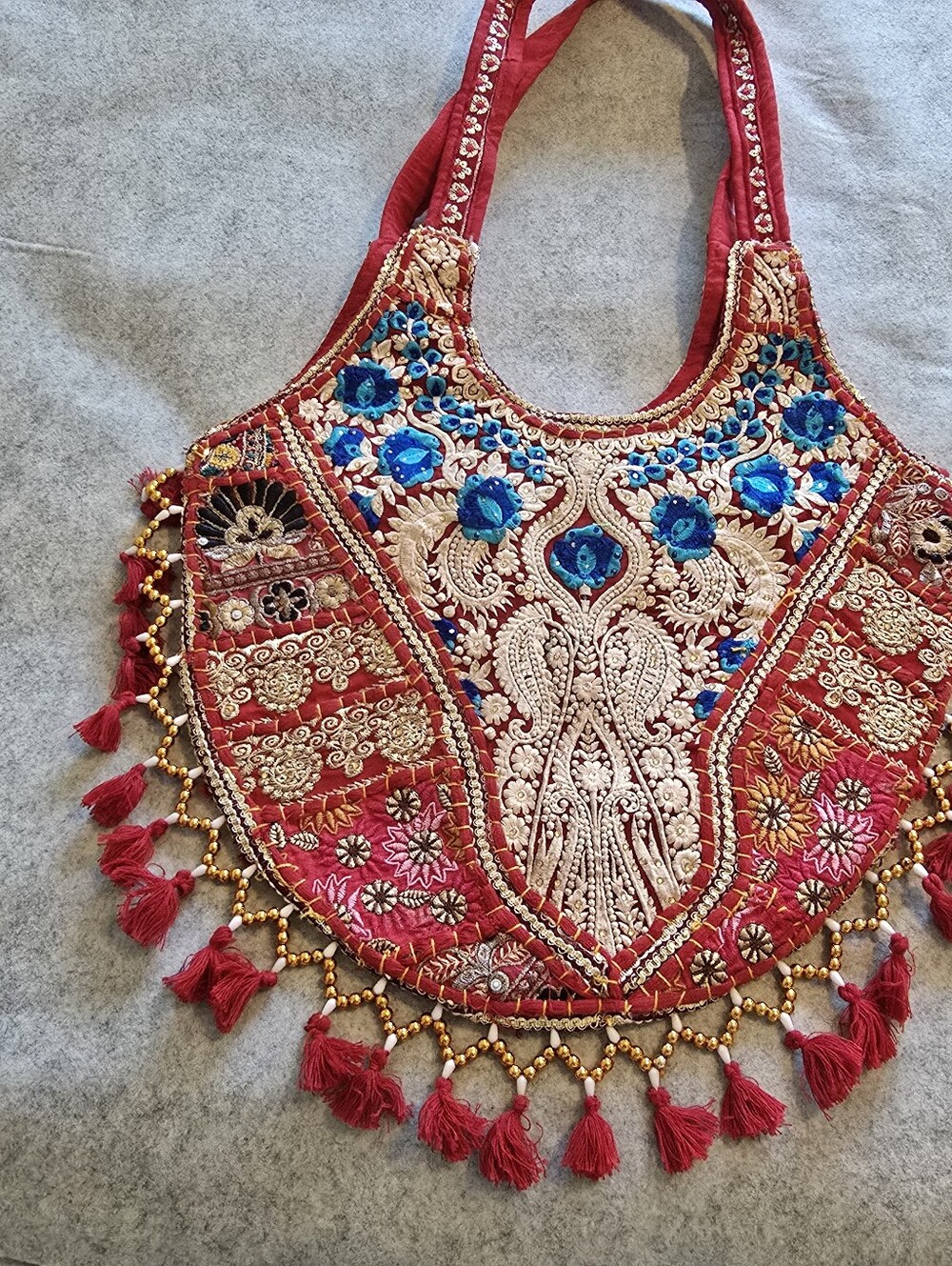 Vibrant Red Banjara Embroidered Shoulder Bag – Boho Patchwork Tote with Tassels